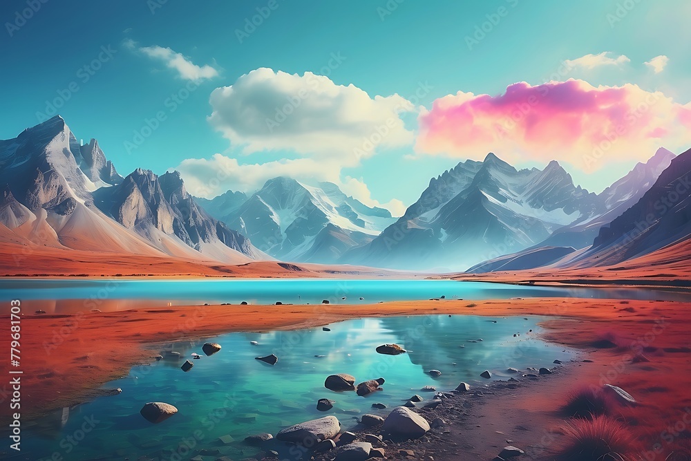 Beautiful landscape with lake and mountains. 3d render illustration.