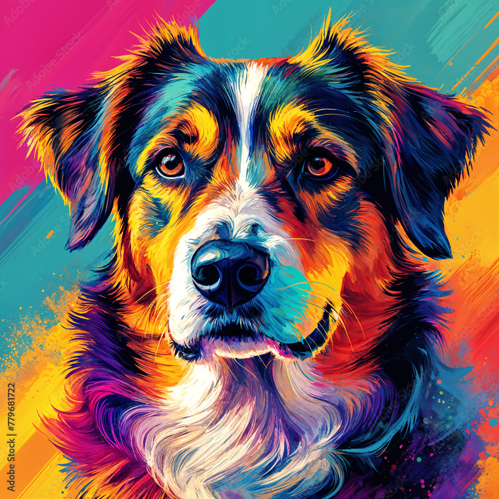 Colorful dog portrait with vibrant background.