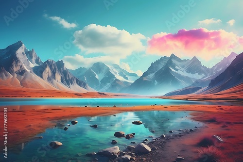Beautiful landscape with lake and mountains. 3d render illustration. © ASGraphicsB24