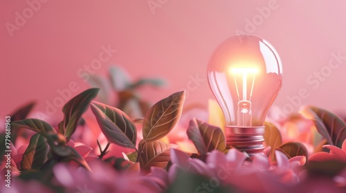 light bulb is surrounded by green leaves on pink background, power of idea concept