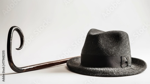 A gentleman hat and cane are isolated on a white background, encapsulating a classic style