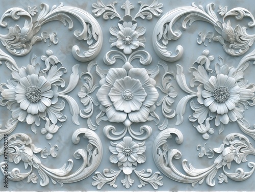 A blue and white floral design with a lot of detail. The flowers are white and the design is very ornate. Scene is elegant and sophisticated