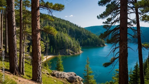 Beautiful mountain lake with turquoise water and pine trees on the shore. nature landscape