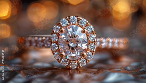 An elegant rose gold engagement ring with an oval diamond, surrounded by small diamonds. Created with Ai