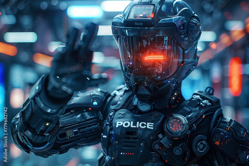 Fototapeta premium A futuristic police officer, their sleek uniform emblazoned with a glowing 