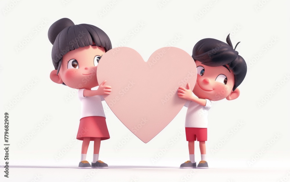 A 3D cartoon character, a boy and a girl, brothers holding a heart-shaped plate A 3D cartoon character, a boy and a girl, brothers holding a heart-shaped plate