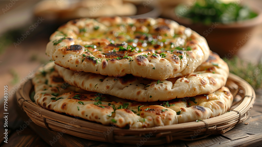 Freshly baked naan bread garnished with herbs in a wicker basket, with a rustic wooden table background. Perfect for culinary themes. Freshly baked naan bread garnished with herbs in a wicker basket, with a rustic wooden table background. Perfect for culinary themes.