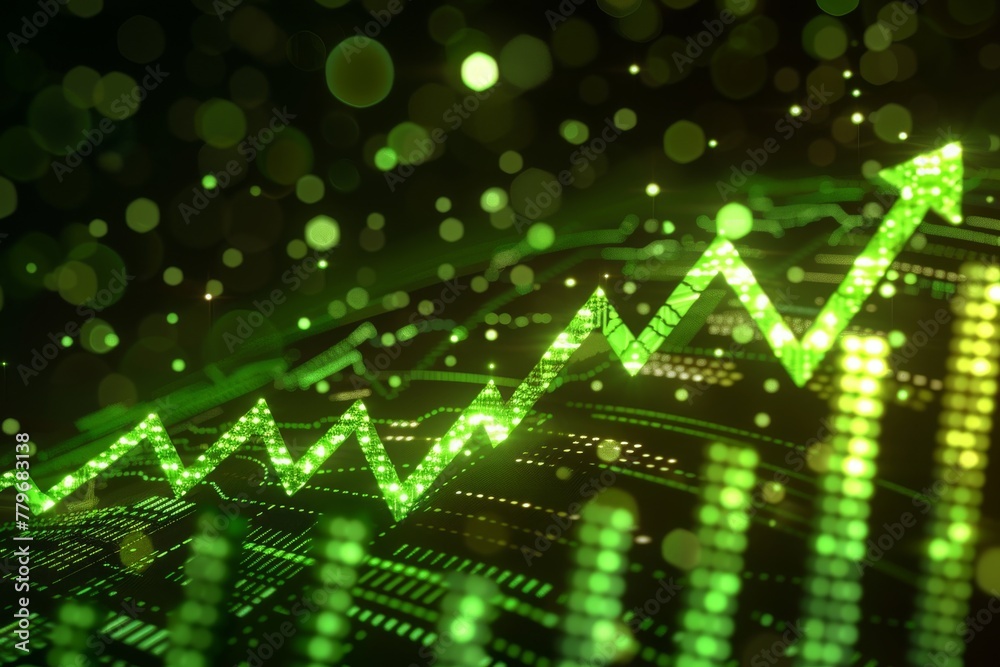 Abstract Green Glowing Stock Market Graph on Digital Screen, Symbolizing Financial Growth and Investment Success.