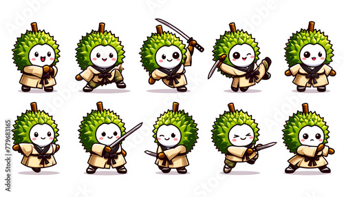 Adorable Durian Samurai: Whimsical Vector Illustrations of Fruitful Martial Arts