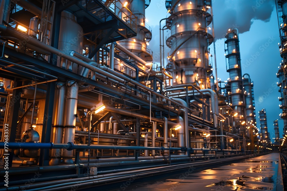 This striking image showcases an oil refinery illuminated against the evening sky, highlighting the complexity and scale of energy production This striking image showcases an oil refinery illuminated against the evening sky, highlighting the complexity and scale of energy production