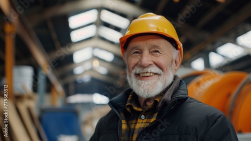 Cheerful senior man with a white beard wearing a hard hat in an industrial setting.