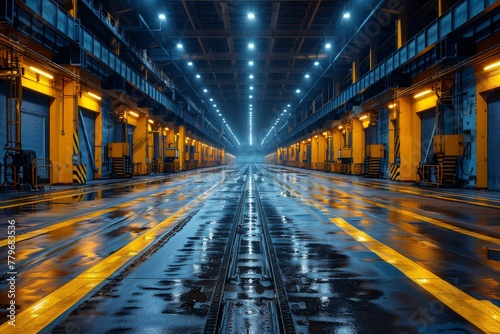 An eerie deserted industrial factory interior with striking reflections on a glistening wet floor and bright ceiling lights