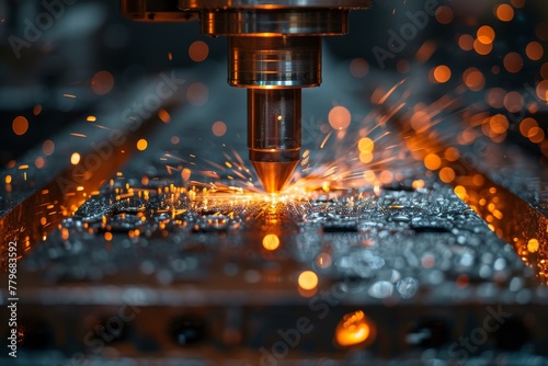 The image captures a high precision laser cutting process on metal, emitting vibrant sparks and detailing industrial manufacturing strength