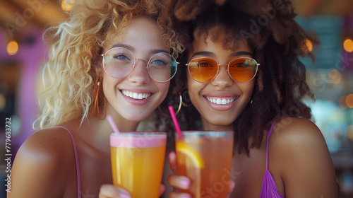 Two friends enjoying tropical drinks and smiling at the camera. Summer leisure and friendship concept perfect for depicting vacation vibes and joyful moments