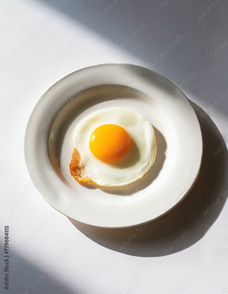 A perfectly fried egg centered on a white porcelain plate, set against a crisp white background, focusing on purity and form A perfectly fried egg centered on a white porcelain plate, set against a crisp white background, focusing on purity and form