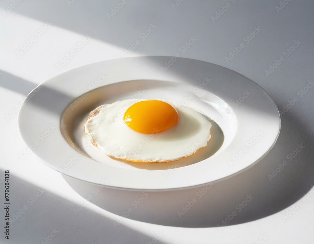 A perfectly fried egg centered on a white porcelain plate, set against a crisp white background, focusing on purity and form A perfectly fried egg centered on a white porcelain plate, set against a crisp white background, focusing on purity and form