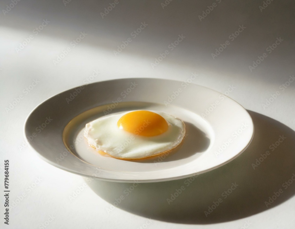A perfectly fried egg centered on a white porcelain plate, set against a crisp white background, focusing on purity and form A perfectly fried egg centered on a white porcelain plate, set against a crisp white background, focusing on purity and form