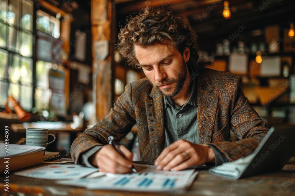Attentive businessman with pen in hand analyzing financial documents in cozy café setting Attentive businessman with pen in hand analyzing financial documents in cozy café setting