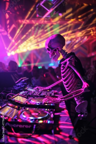 A skeleton DJ spinning records in a club with pulsating ultraviolet lights, creating a surreal party atmosphere