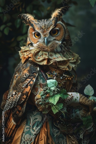 Anthro owl in avantgarde attire  captured from a unique angle  evening elegance