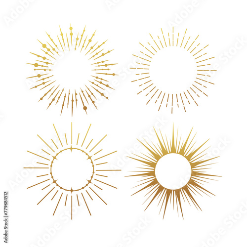 Sunburst gold vintage explosion. Handdrawn vector Design, magical Element. Fireworks collection. Bohemian sunrays linear icons and symbols for decoration