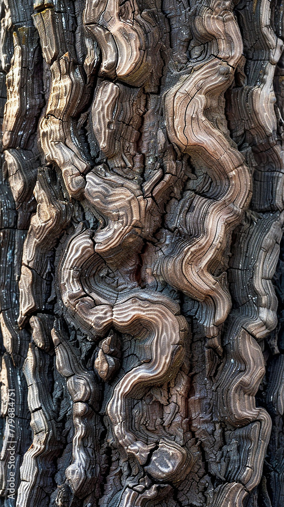 The bark of a tree, where years of growth have etched deep curved line textures into its surface, telling the story of its life in a forest clearing. 32k, full ultra HD, high resolution