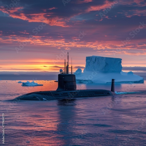 Dawn light bathes a sleek submarine emerging near an iceberg, mystery in the depths photo