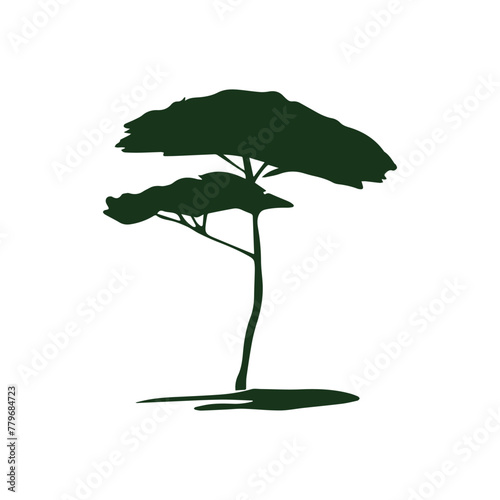 A simple yet elegant silhouette of an acacia tree, characterized by its flat-topped canopy and slender trunk, set against a plain background.
