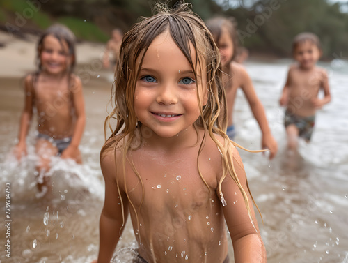 Smiling child playing in the sea with friends in the background. Fun summer vacation and childhood concept with a focus on outdoor activity and joy