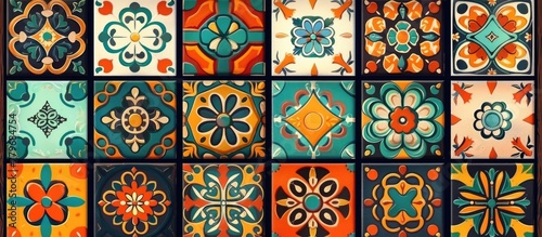 a set of colorful tiles with different designs on them . High quality