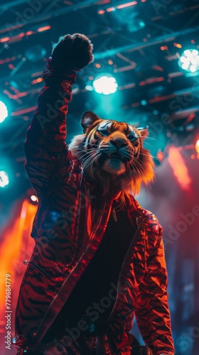 Dynamic anthro tiger in dance attire, vibrant stage lights, energetic performance