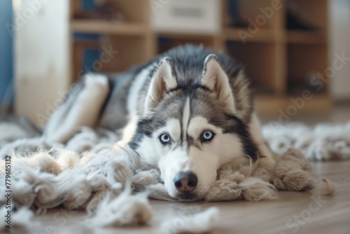 Yearly shedding of pet s coat grooming undercoat of Siberian husky Boy combing fur dog looking scared Background space photo
