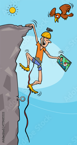 cartoon climber watching a broadcast on a tablet pc