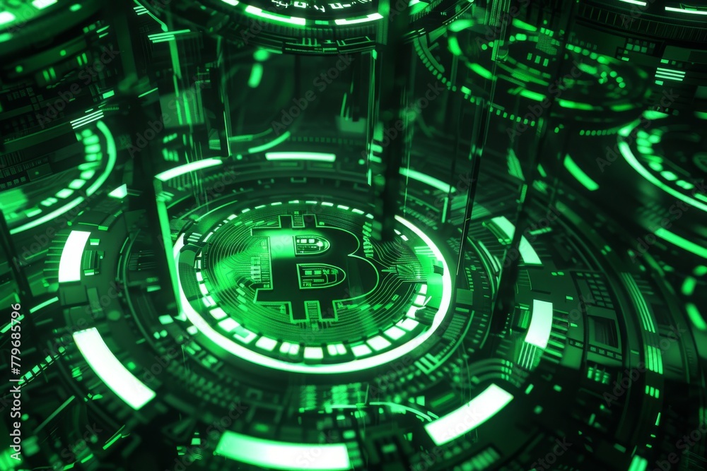 Futuristic Green Bitcoin Cryptocurrency Concept with Digital Circuitry Design. Futuristic Green Bitcoin Cryptocurrency Concept with Digital Circuitry Design.