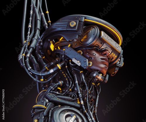 Synthetic Symphony: A Profiling Portrait of a Cybernetic Being - Dark Skinned Cyborg Entwined in Virtual Reality, Interconnected by Cables, Encased in Visored Immersion on dark background photo