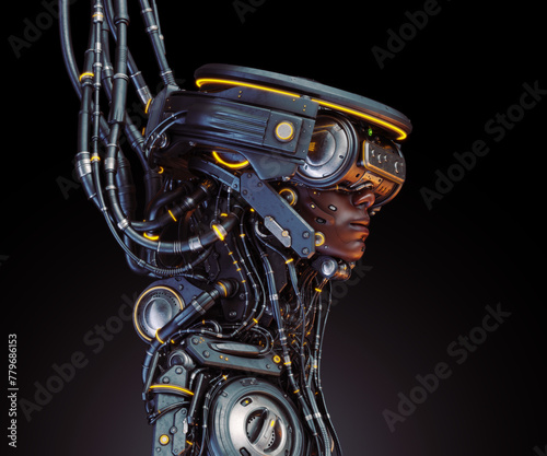 Synthetic Symphony: A Profiling Portrait of a Cybernetic Being - Dark Skinned Cyborg Entwined in Virtual Reality, Interconnected by Cables, Encased in Visored Immersion on dark background photo