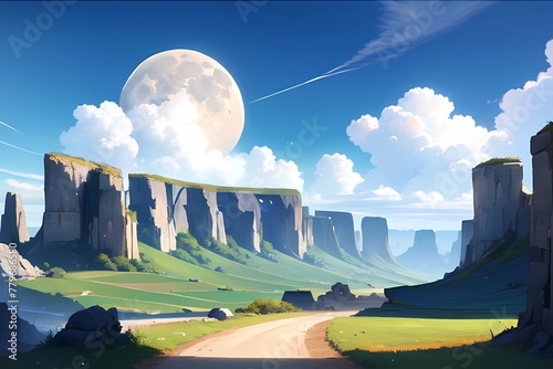 RPGファンタジーゲームオープニング風山と緑と自然と青空風景