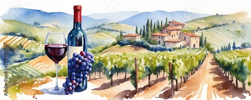 A multicolored watercolor banner with a bunch of blue grapes and a bottle of red wine with a glass on the background of a landscape with vineyards and a house somewhere in Italy
