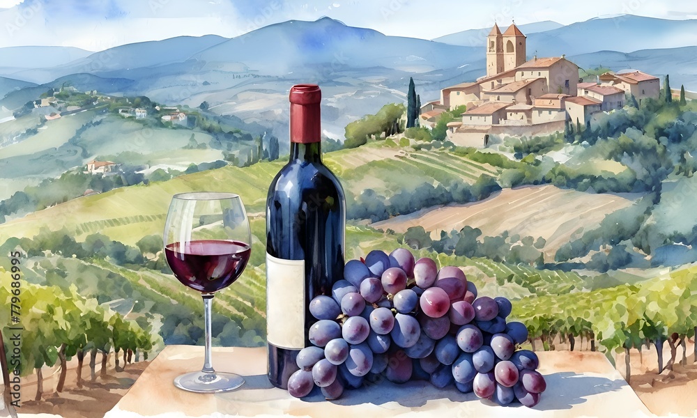 A watercolor banner with a bunch of blue grapes and a bottle of red wine with a glass on the background of a landscape with vineyards and a house somewhere in Italy. The concept of winemaking