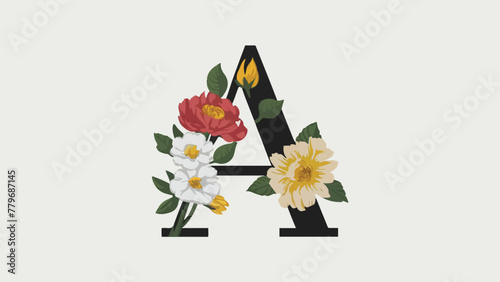Floral Monogram: Vector Design of Letter A with Flowers on White Background