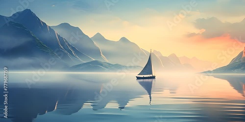 A serene image of a sailboat gliding over calm waters with misty hills in the background 4K Video photo