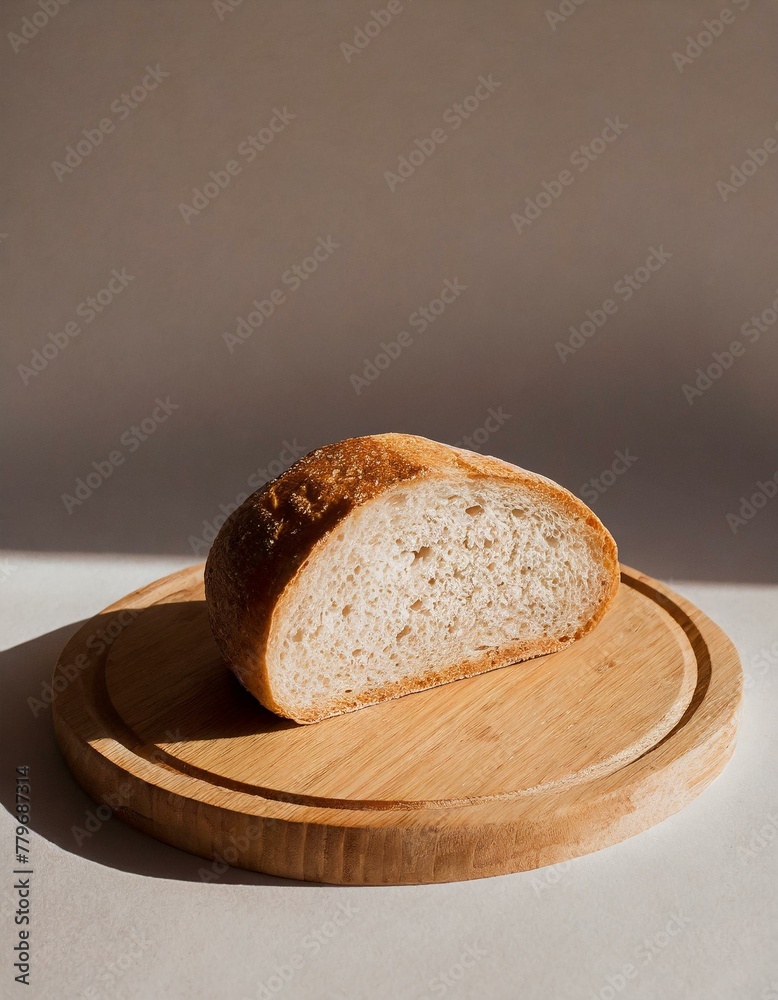 A single slice of sourdough bread on a small, round wooden cutting board, set against a neutral background, celebrating the beauty of basic food A single slice of sourdough bread on a small, round wooden cutting board, set against a neutral background, celebrating the beauty of basic food