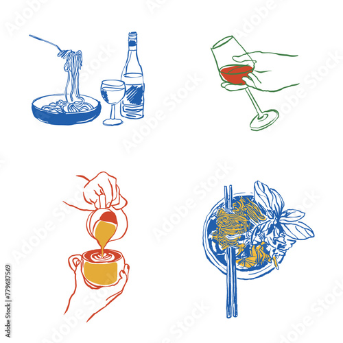 The illustrations use simple and smooth lines and bright color blocks to display catering themes, including freshly baked bread, fragrant coffee, classic pasta and elegant red wine.