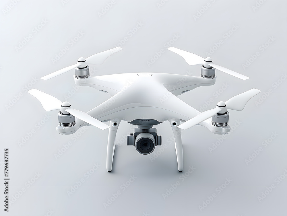 Small drone with camera and four blades isolated on white