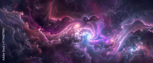 Liquid nebulae swirl and twirl, their neon tendrils intertwining in a mesmerizing dance that enchants all who gaze upon the cosmic spectacle. photo