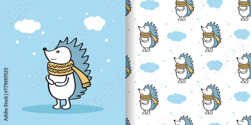 A cartoon hedgehog wearing a scarf is standing in the snow. Seamless pattern of hedgehogs for fabric, gift paper. Blue and white background.