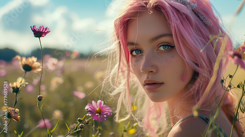 Photograph of beautiful girl pink hair in a field full of blooming flowers . Model photography