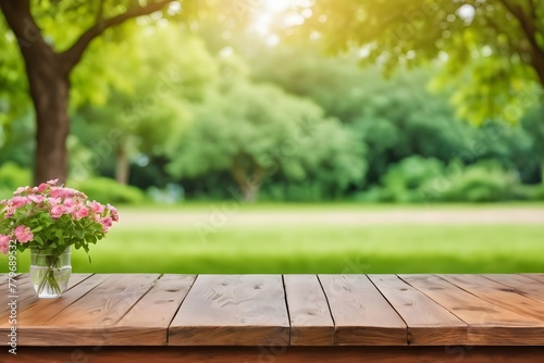 An empty wooden table with a blurry background of a spring time lush green garden with morning sunlight 