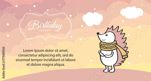 A cute cartoon hedgehog with a scarf on its neck is standing in the snow. The image is pink. Has a joyful and cheerful atmosphere.