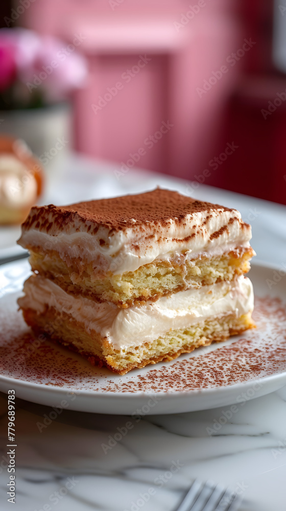 Slice of keto tiramisu with mascarpone cream on a white plate. Close-up shot of a dessert on a white table with a pink background